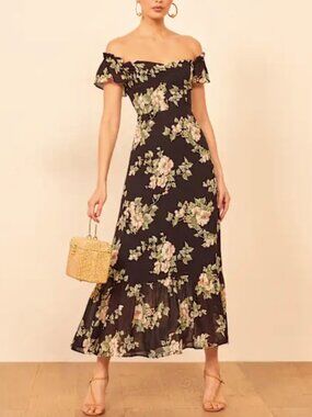 FLAWED Reformation Butterfly Floral Black Midi Dress 8